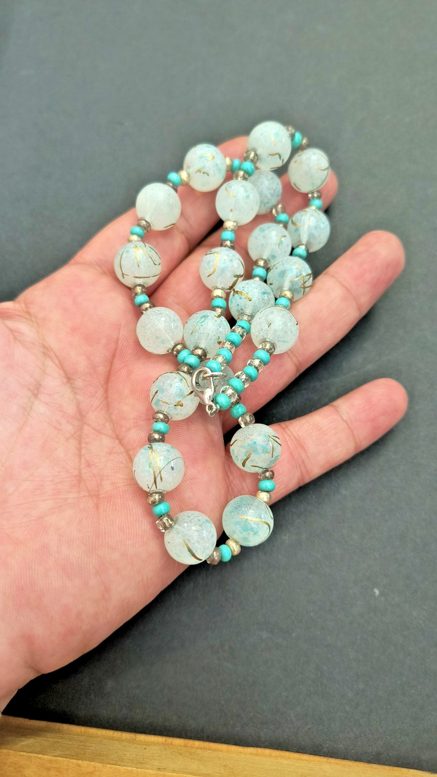 VTG Turquoise & Hand painted Glass Beads / 18″ Necklace, 1900s Venetian Murano