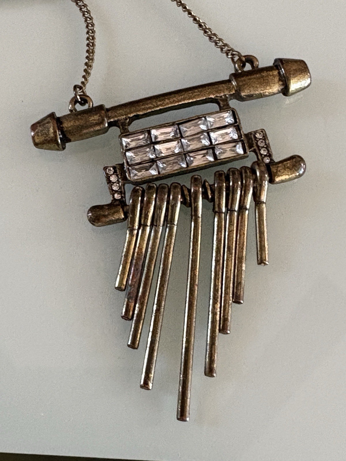 Vintage Plunder Rhinestone & Bronze Tone Necklace Dangle Bar Pendant RETIRED