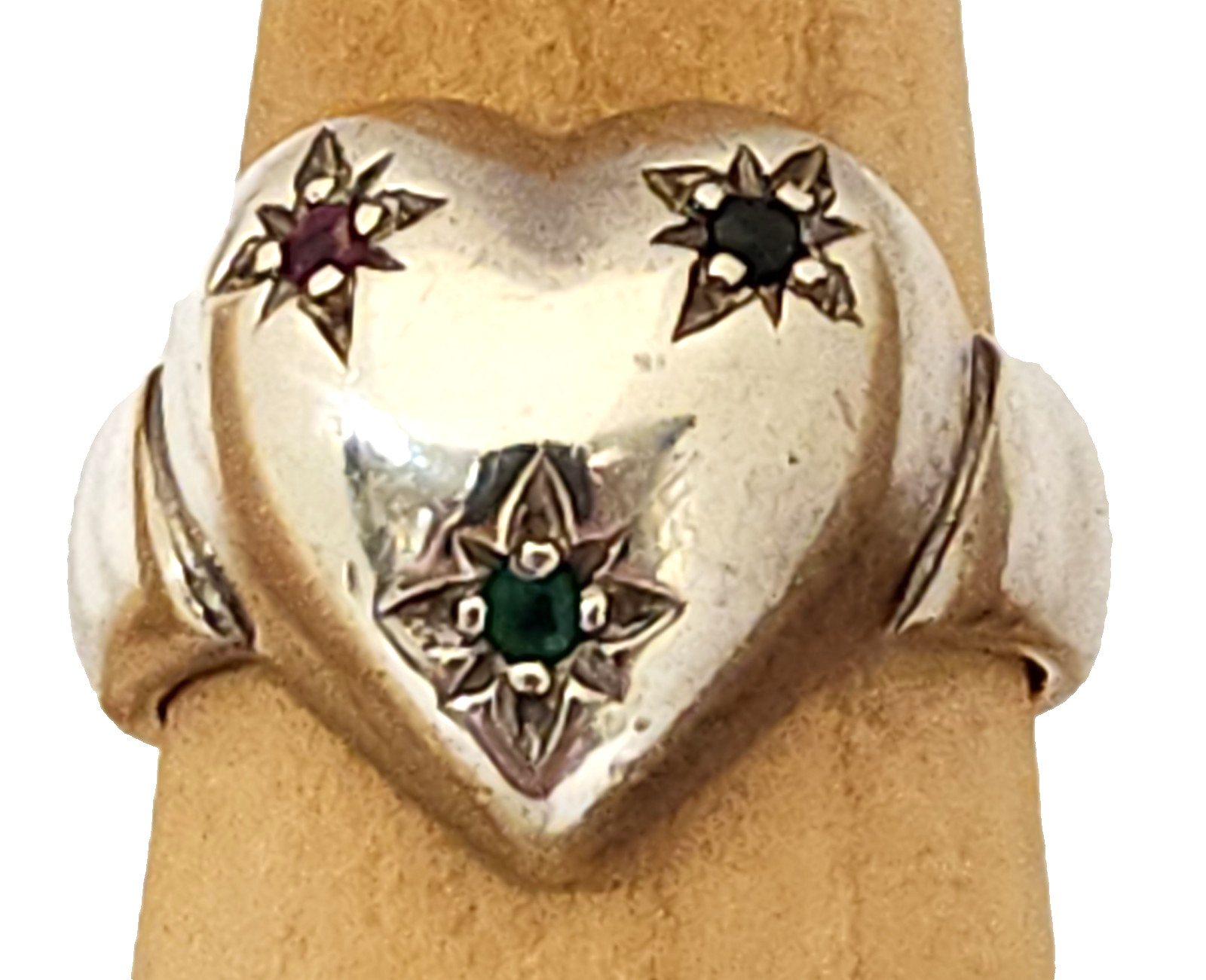 Sterling Silver Puffy Heart Star Set Genuine Ruby Sapphire Emerald Ring 6.5