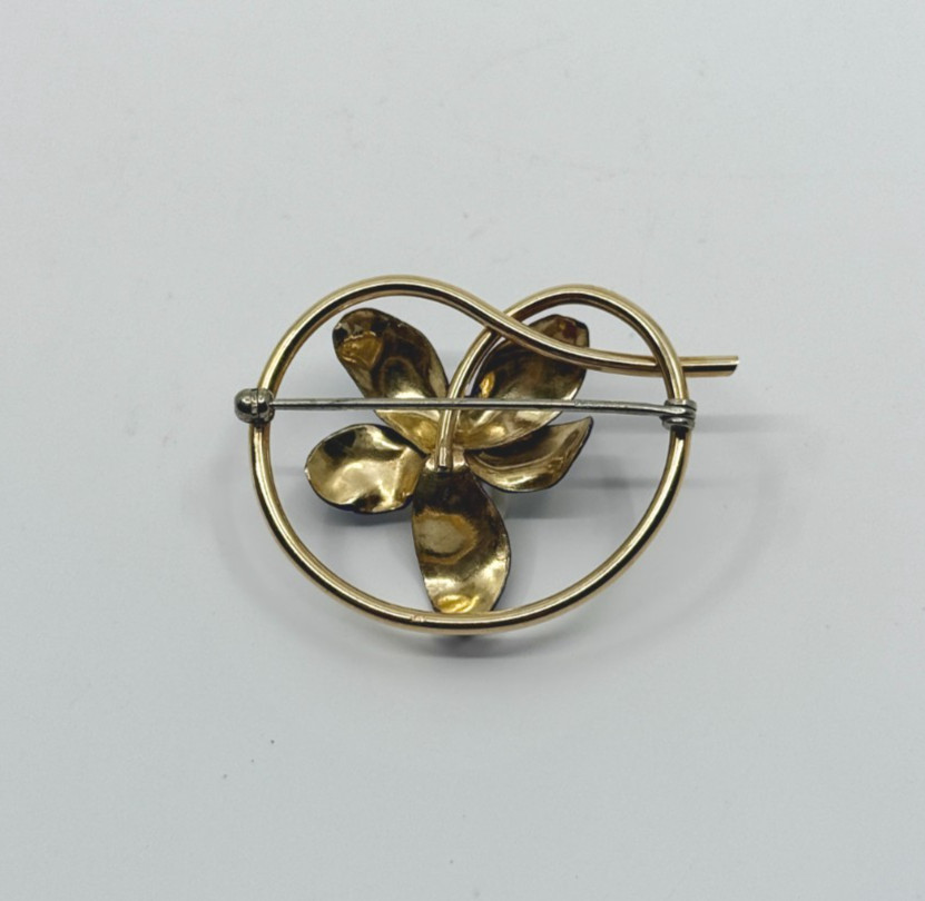 Vtg Krementz Violet Pansy Flower Enamel Saltwater Akoya Pearl Gold Filled Brooch
