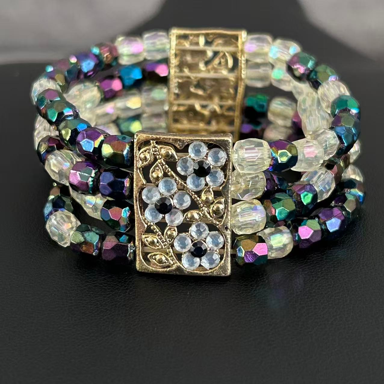 Vintage Peacock Beaded Stretch Bracelet Multi Strand Floral Cuff Iridescen