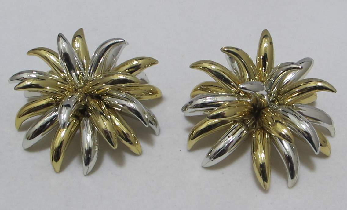 Huge 2-3/8” Diameter 1-1/5” Tall 2-Tone Gold Silver Tone Fireworks Clip Earrings