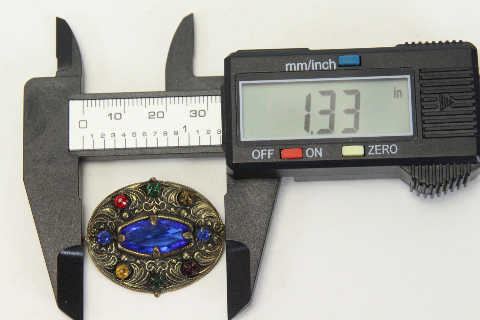 Czech Glass Goldtone Filigree Brooch Art Nouveau Blue Lozenge Fruit Salad