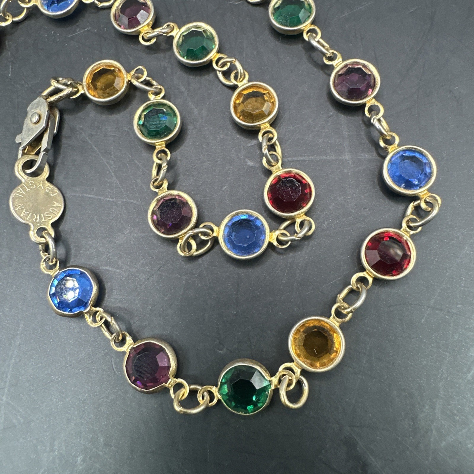 Vintage Austrian Crystal USA Multi-Color Crystal Necklace Bezel Set Jewelry 19″
