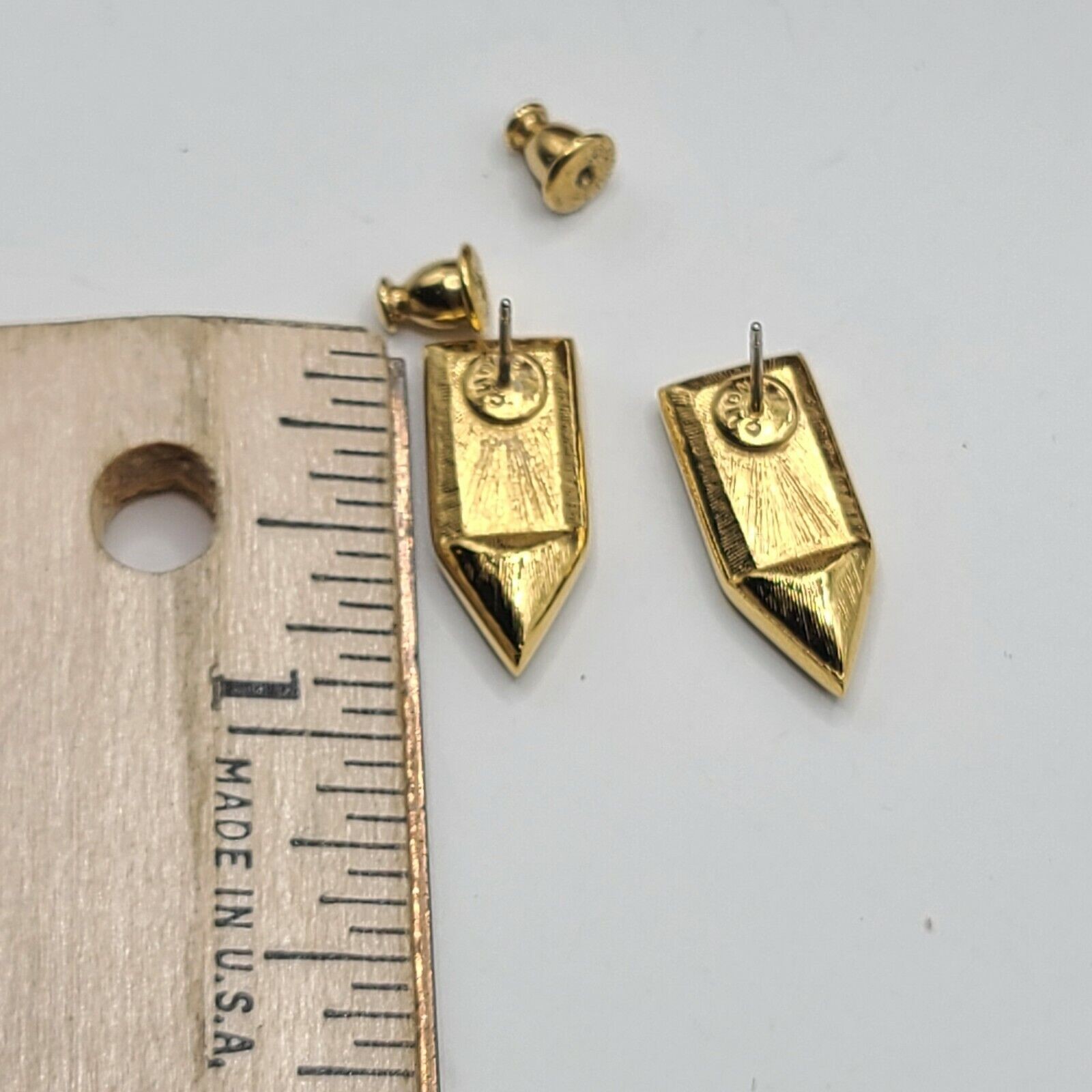 Monet Vintage Signed Peirced Earrings Shiny Gold Red Baguette Crystal Arrow