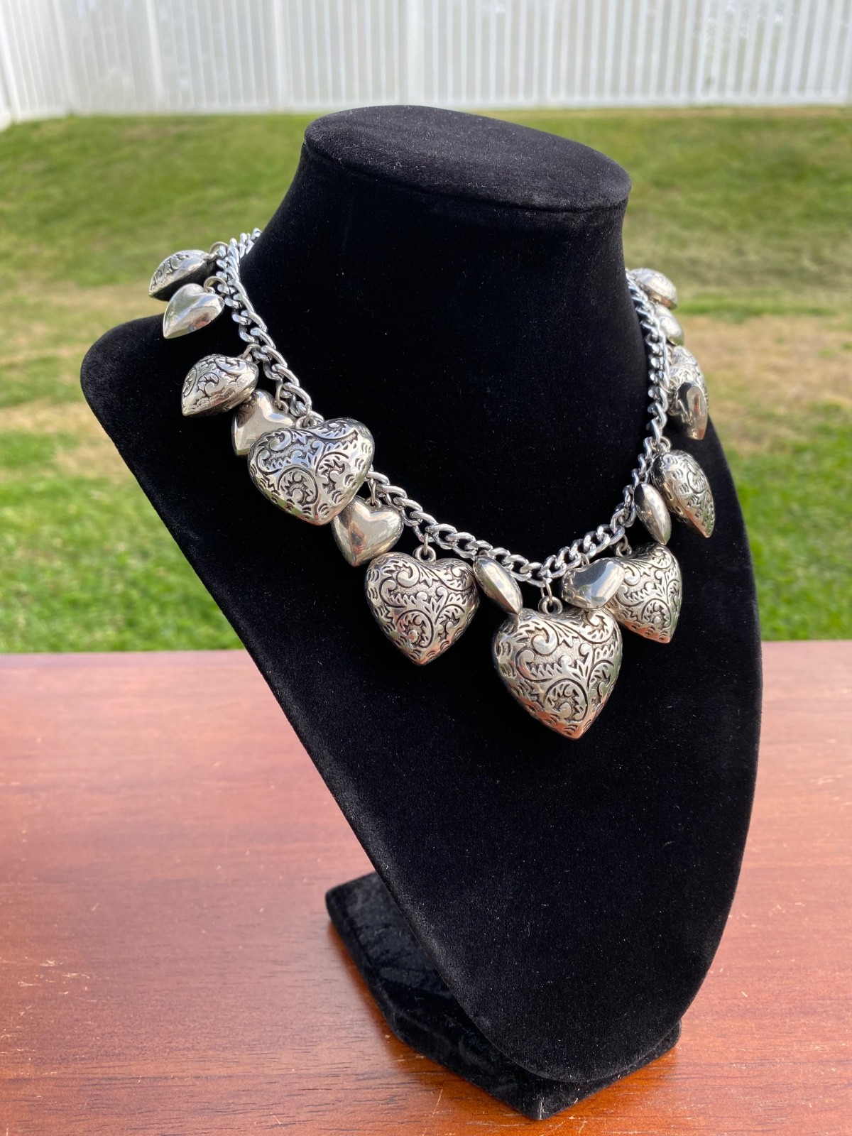 Necklace Chain Victorian Hearts Silver Tone Vintage
