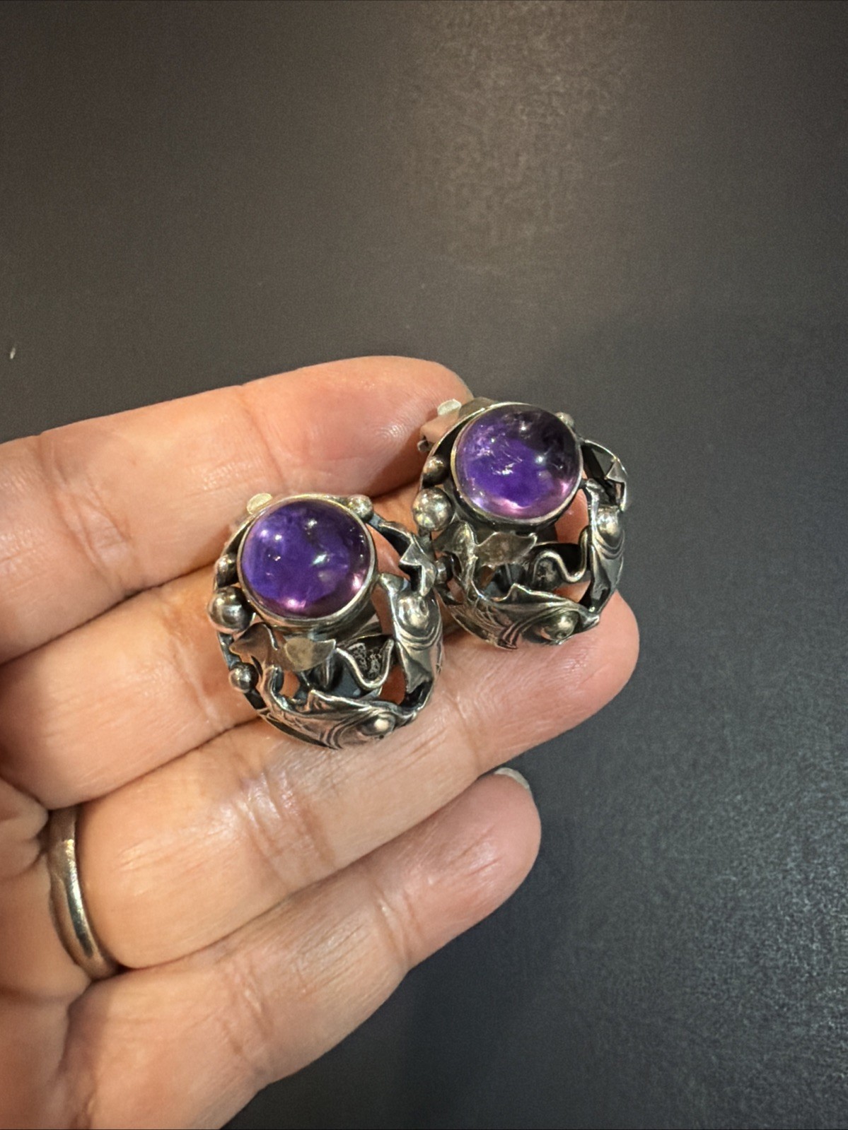 Vintage Rare N.E From Denmark Sterling Silver Amethyst Clip On Earrings
