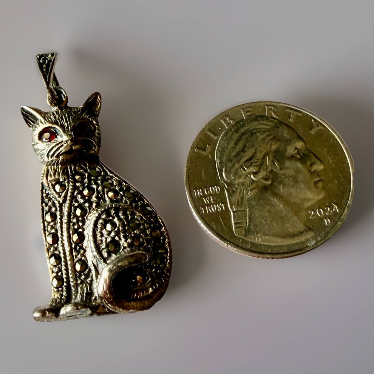 Vintage Sterling Silver 925 Cat Marcasite Pendant With Red Garnet Eyes 1.5”, 6g