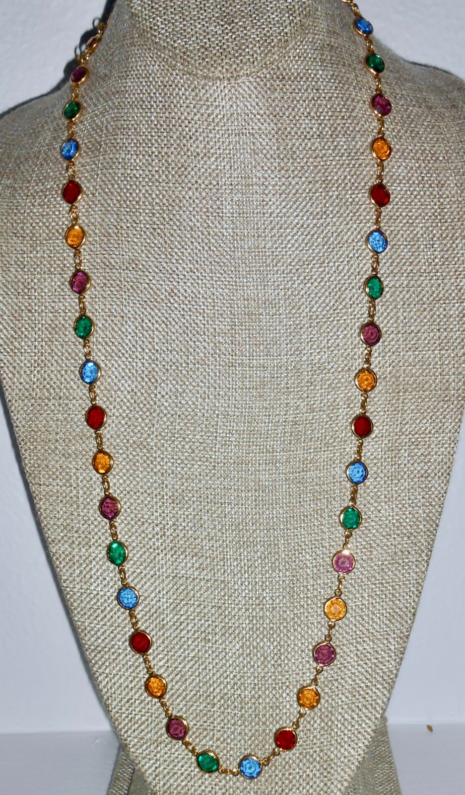 Vintage Austrian Crystal USA Multicolor Crystal Bezel Necklace 35″ Long N37