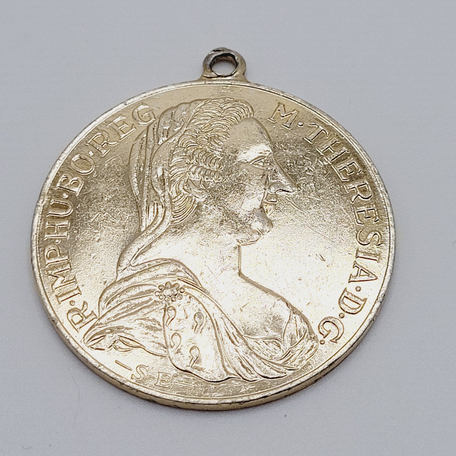 Maria Theresa Replica Token Medallion Coin Pendant Gold Tone Attached Bail