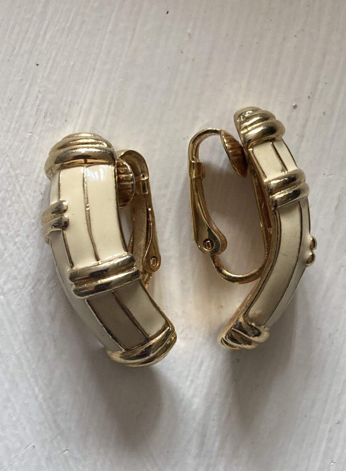 Vintage Ivory Cream and Gold Tone Enamel Clip On Earrings