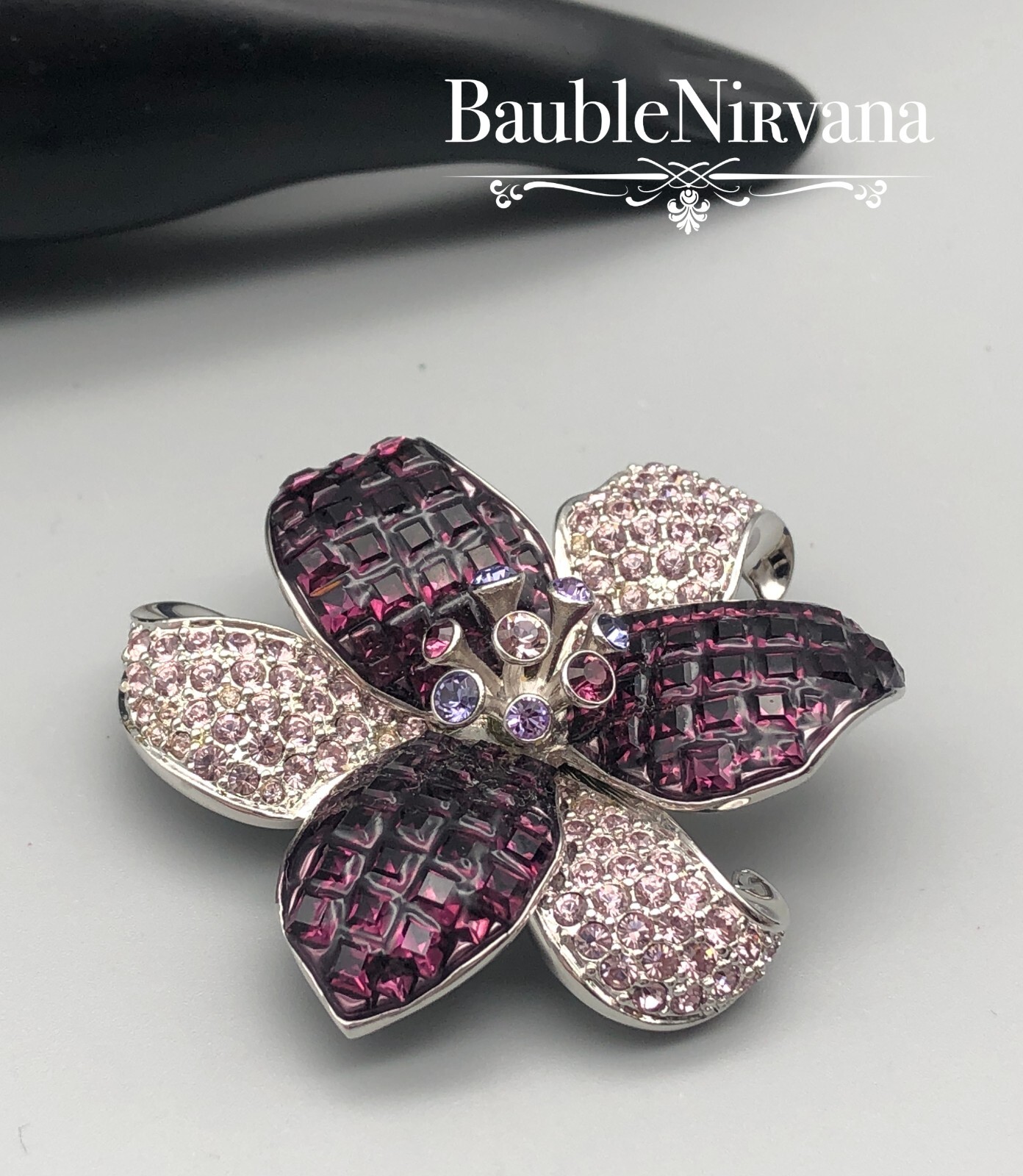 Vintage Swarovski Purple Austrian Crystal Orchid Flower Pin Brooch in Box