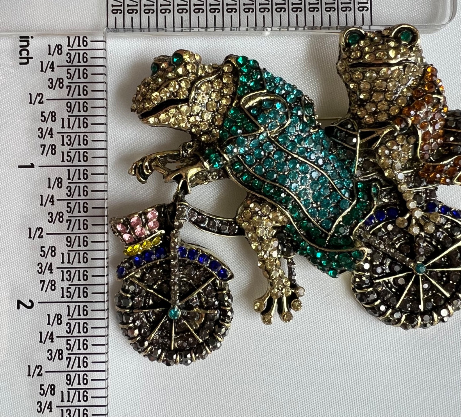 Large Whimsical Frog Pin Rhinestone Toad RIDING bike prince crown vtg Brooch