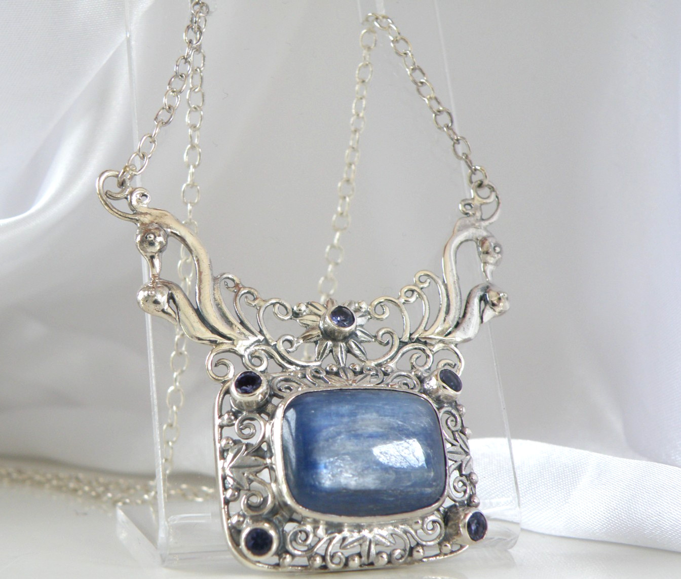 Sterling Silver 925 Natural Kyanite Iolite Art Nouveau Style Necklace 18″