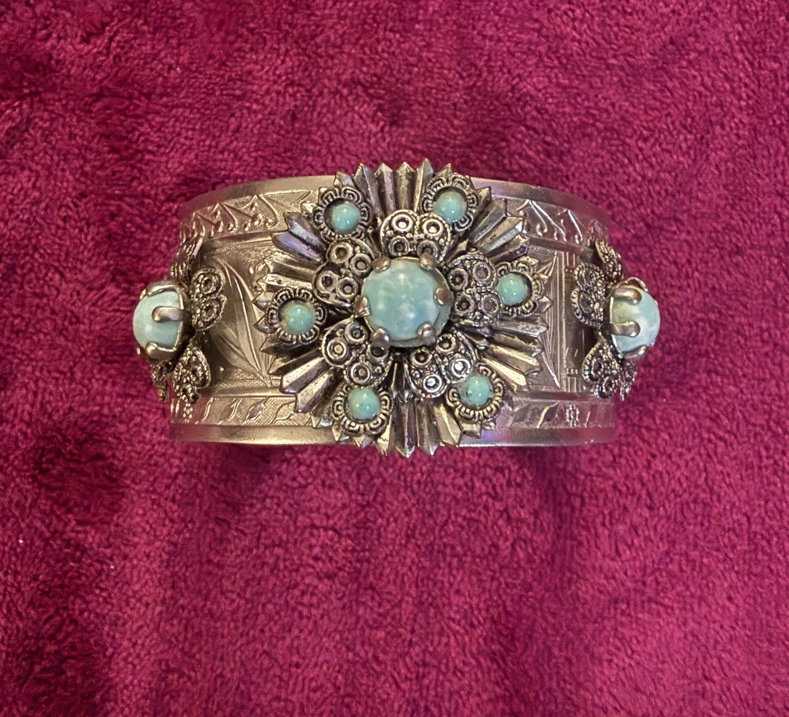 VTG Silver Tone Floral Cluster Turquoise Bracelet Southwestern ~ Beautiful