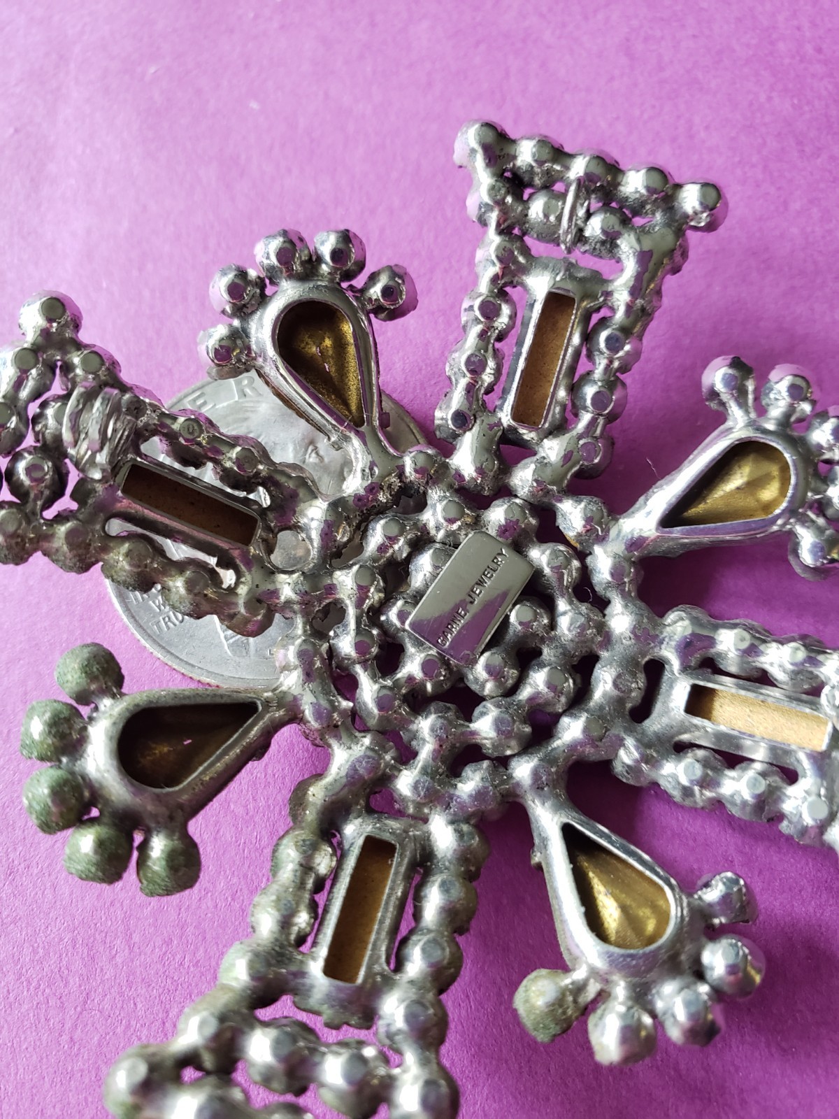 VTG GARNE New York Maltese Cross Prong Set Clear Rhinestone 2.5″ Pot Metal FAB**