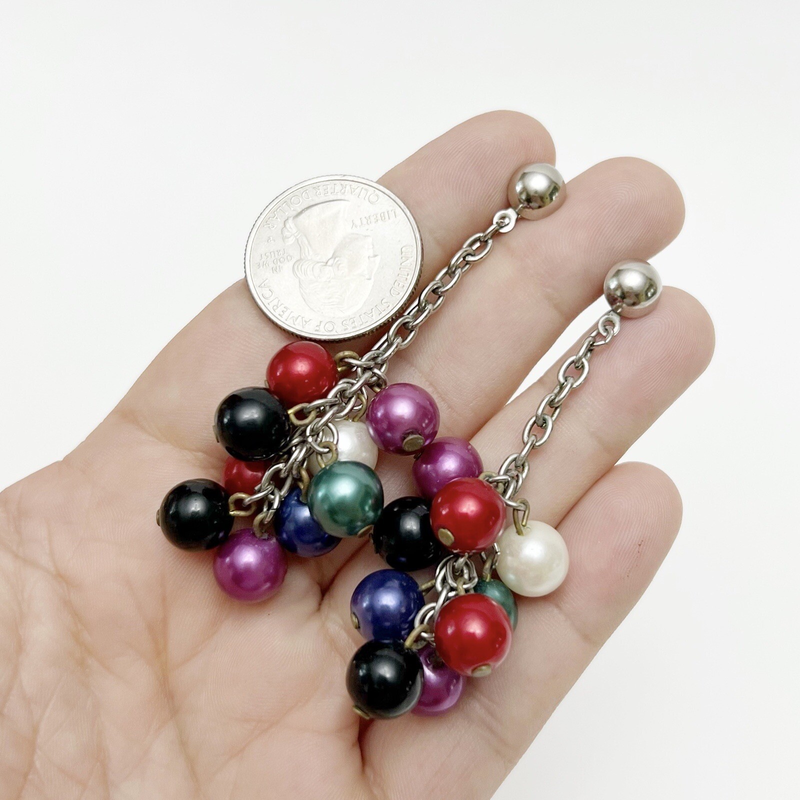 Vintage Multicolor Faux Pearl Beaded Dangling Cluster Chain Drop Earrings