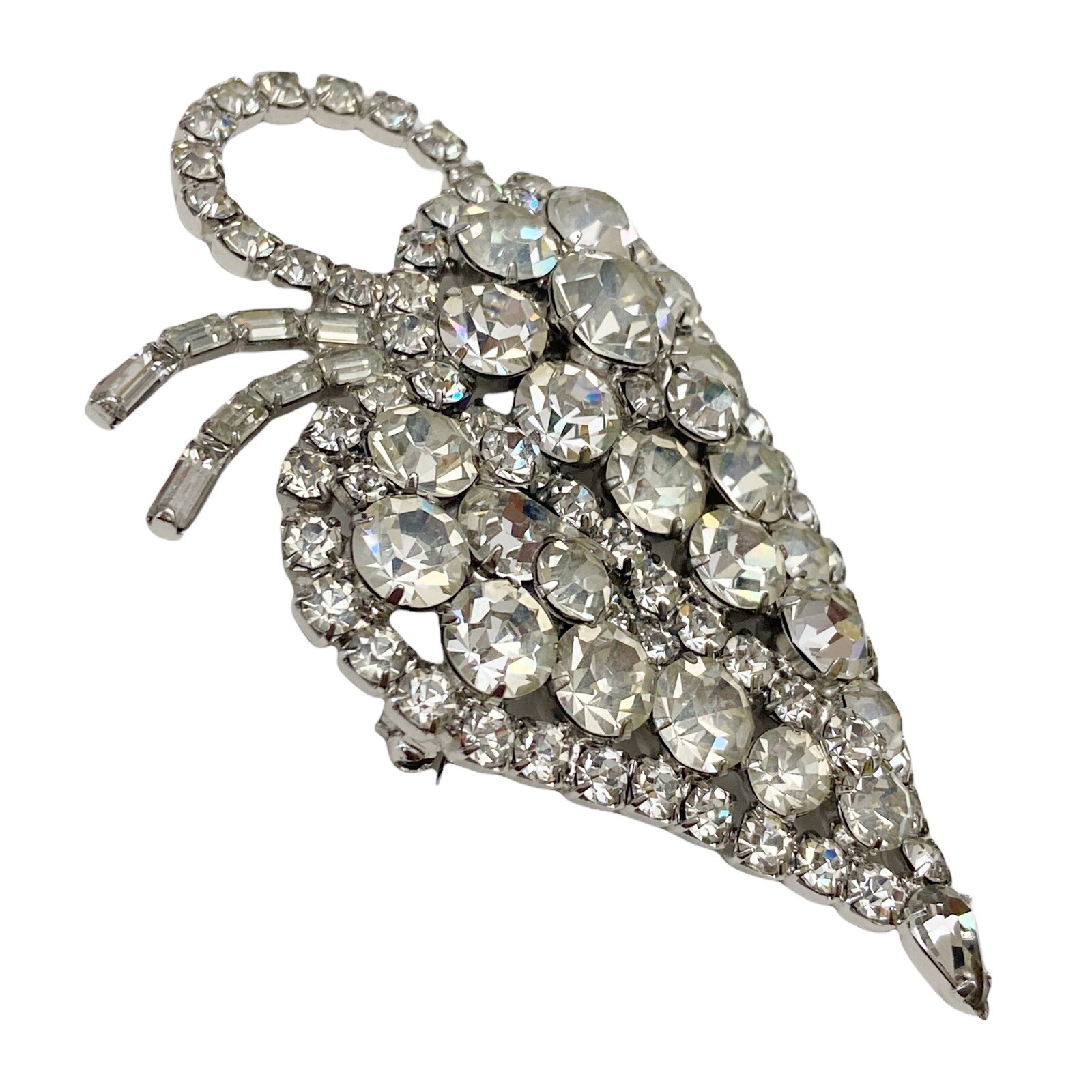 Vintage Large Clear Glass Rhinestone Crystal Prong Set Leaf Brooch Pin