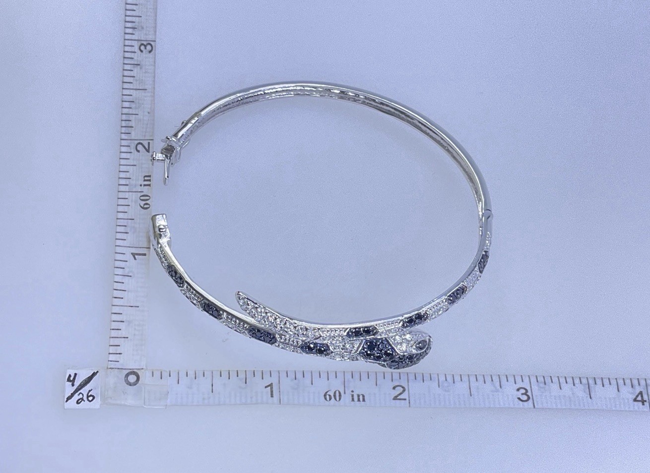 Vintage Black & Clear Crystal Hinged SNAKE Sterling Bangle Bracelet 7 3/4”