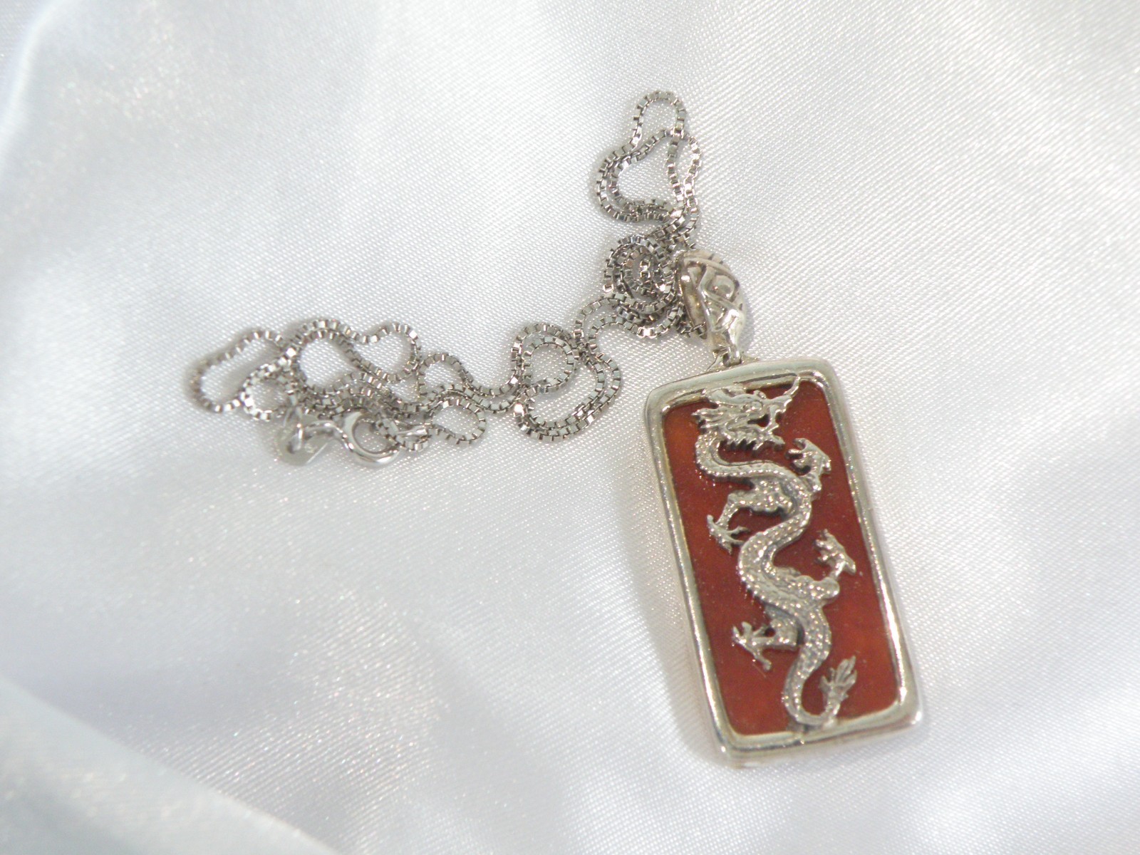 Vintage Sterling Silver 925 Red Jade Asian Dragon Pendant Necklace