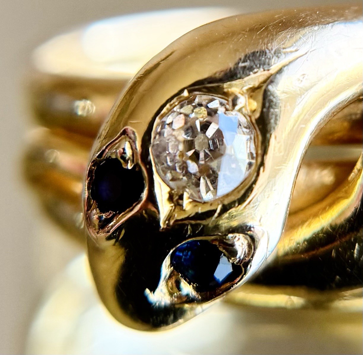 Antique Victorian 18K Gold Diamond Sapphire Emerald Double Snake Ring Sz 7.75 8g