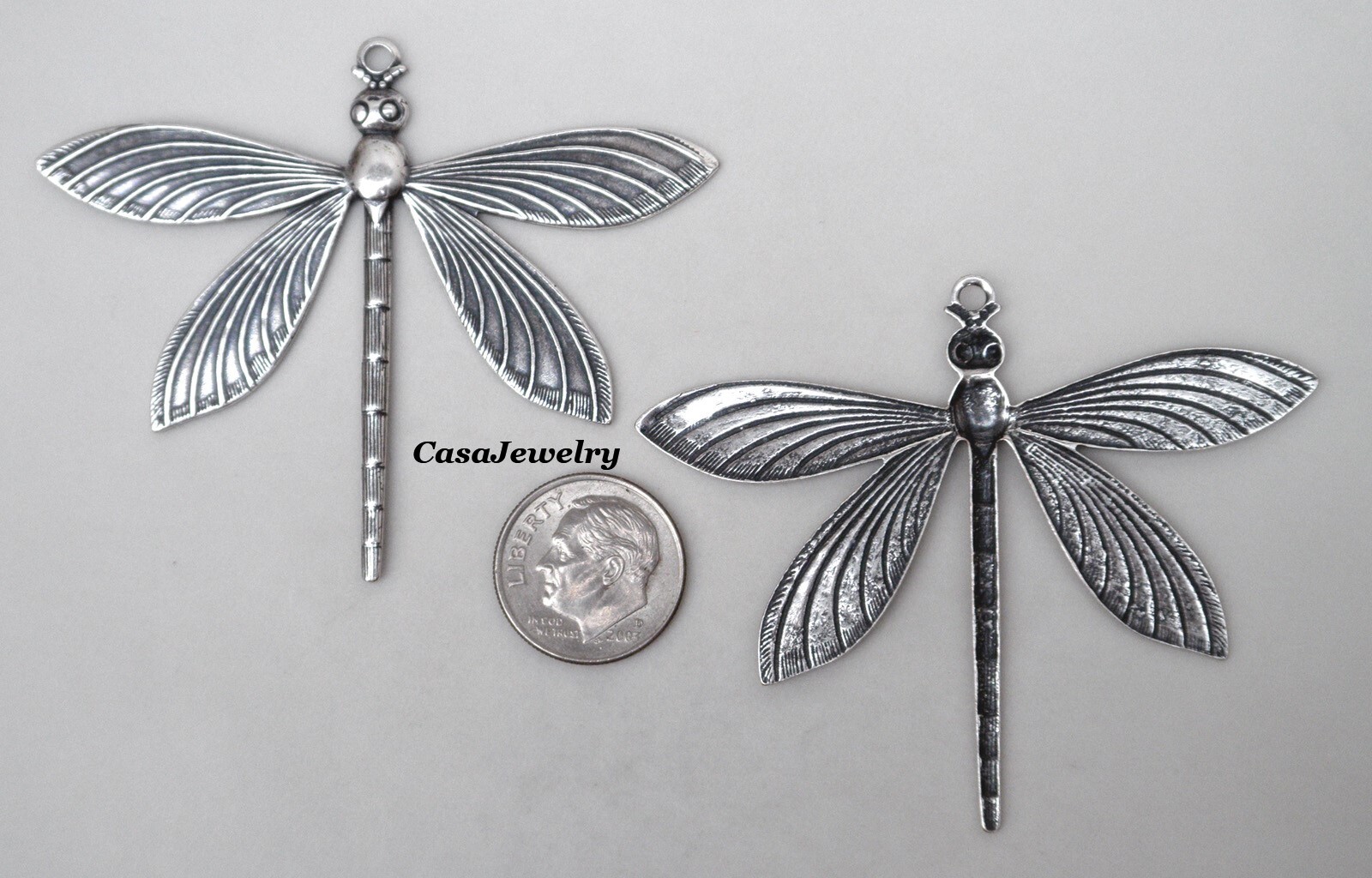#4103 LARGE ANTIQUED STERLING SILVER PLATED DRAGONFLY W/TOP HANG RING – 1 Pc