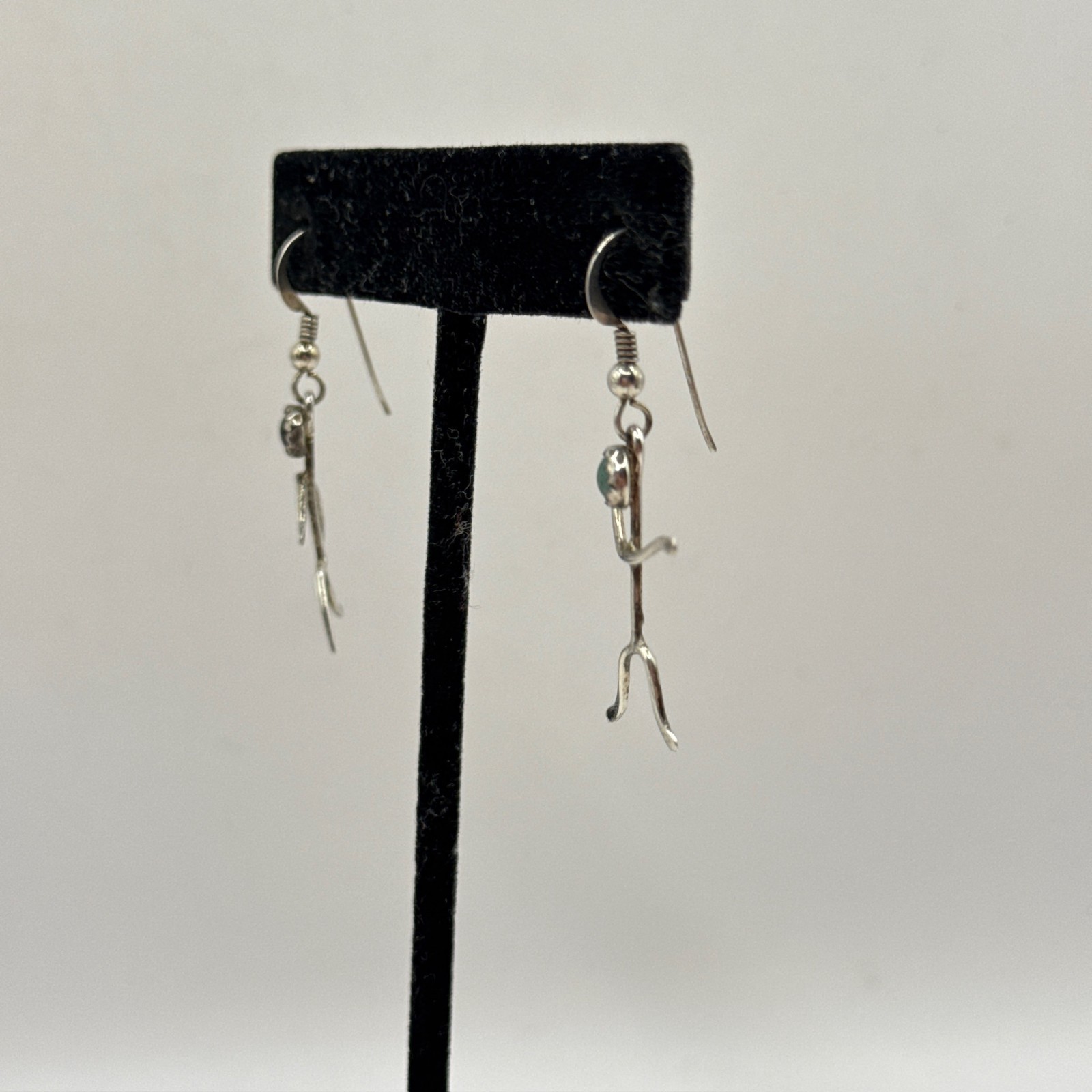 Vintage Artisan Sterling Silver Stick Figure Dangle Earrings Gemstone Heads Cool