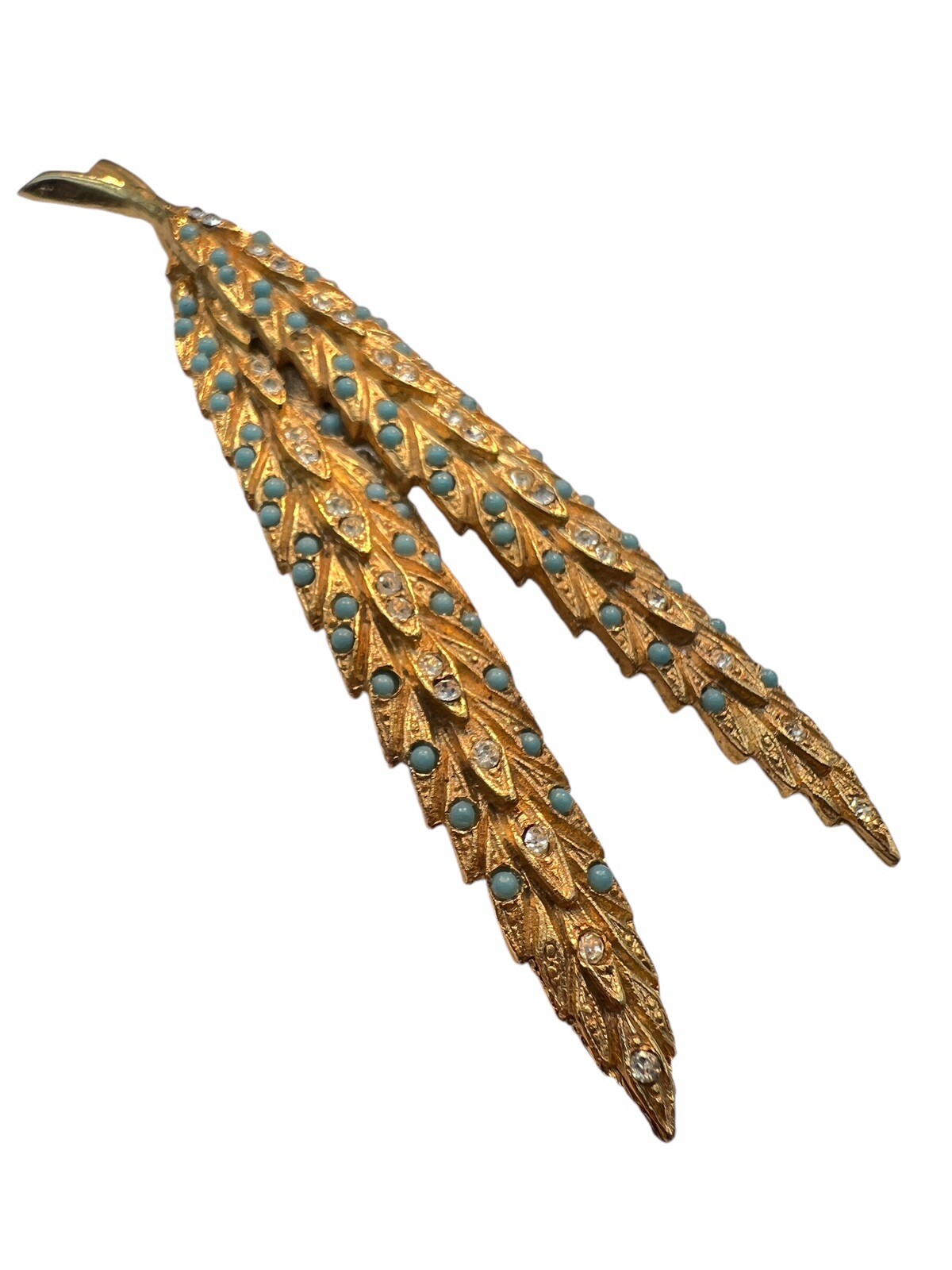 Rhinestone Brooch Faux Turquoise Leaves Feathers Gold Tone Textured READ A3