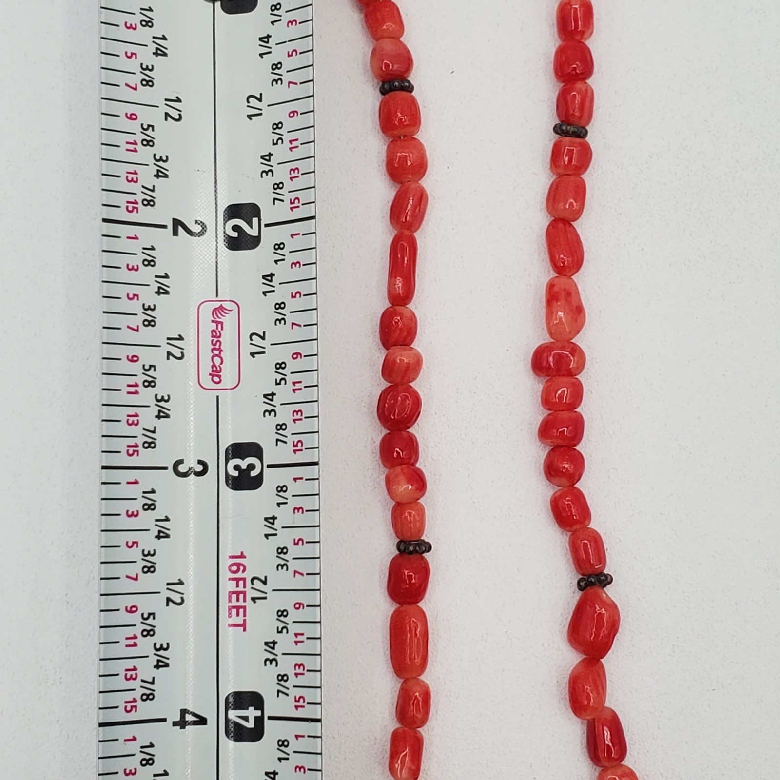 VTG 925 Red Coral Bead 17in Necklace Sterling Silver 15gtw Puffed Open Cross