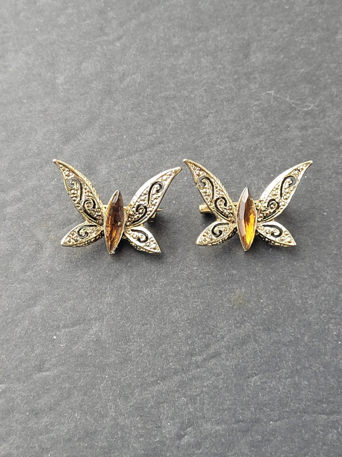 2 Small Gold Tone Butterfly Scatter Pins With Amber Brown Rhinestones 1″