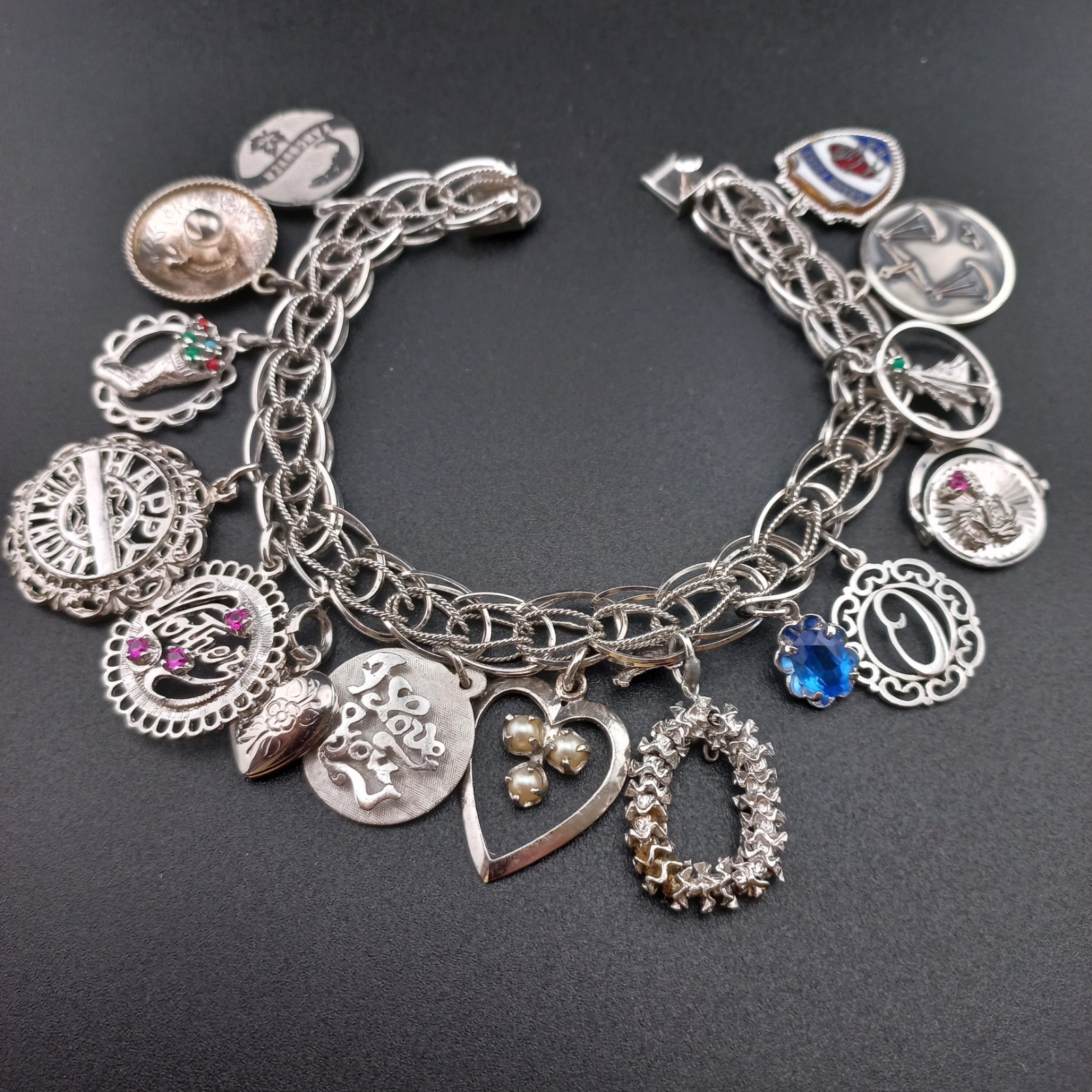 VTG Sterling Silver Charm Bracelet 44g 15 Charms Loaded Mother Travel 925 Heavy