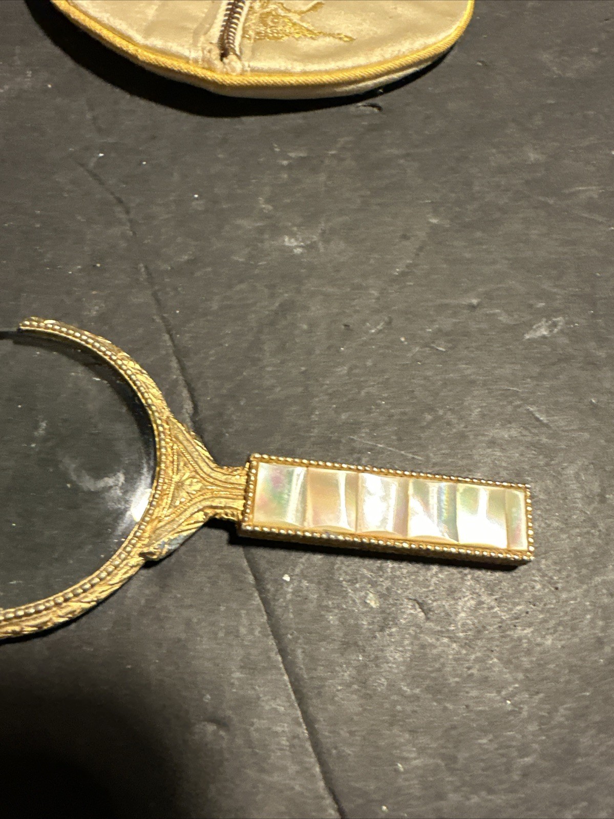 Art Deco Ornate Gold Mother of Pearl Magnifying Glass Circa 1920’s Measures 4#M4
