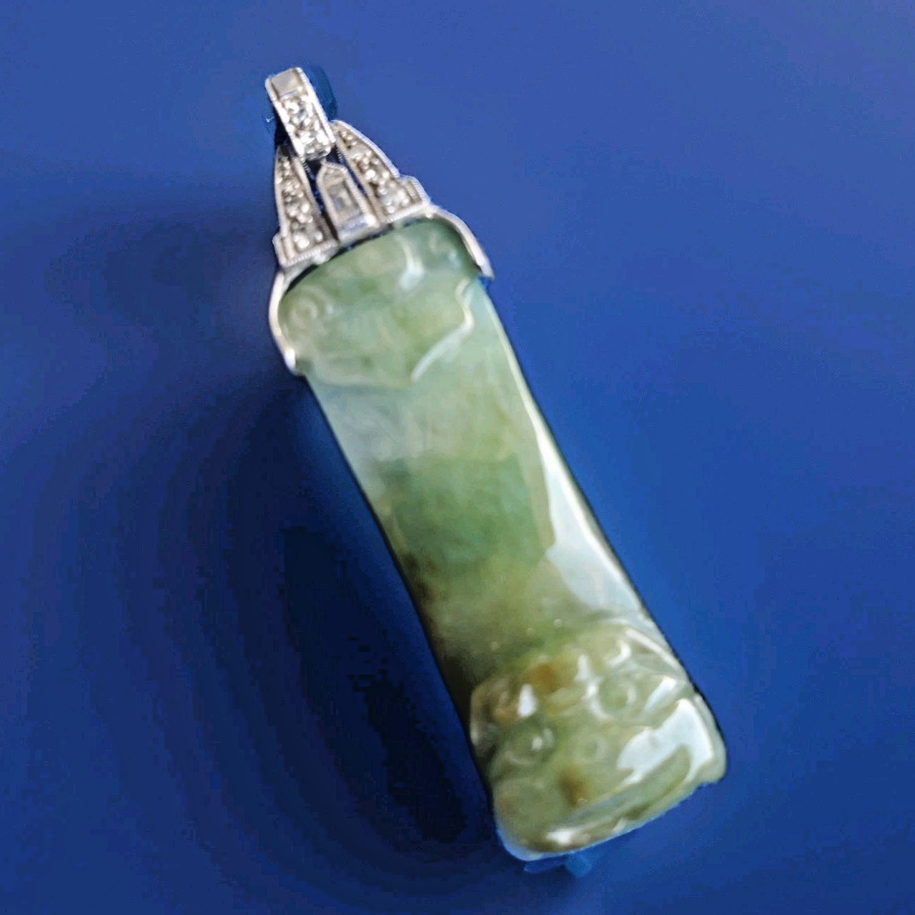 ORIGINAL Antique Green JADE DIAMOND Art Deco Pendant SOLID PLATINUM Medallion