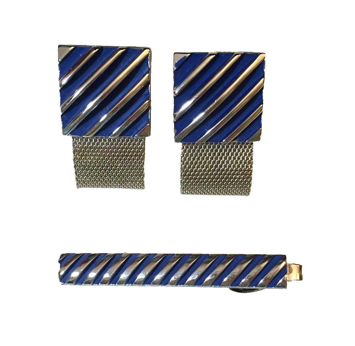 MCM Dante Cuff Links & Tie Clip Set Mesh Wrap Blue Enamel Stripe Wedding Formal