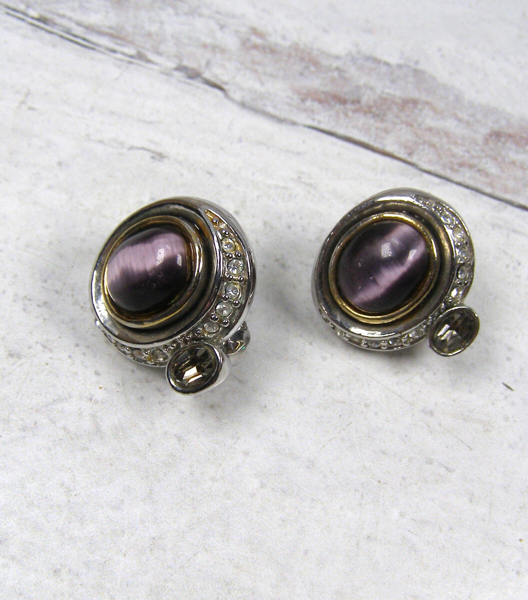 Vintage MX Silver Gold Tone Purple Cat Tigers Eye Piereced Earrings Rhinestone