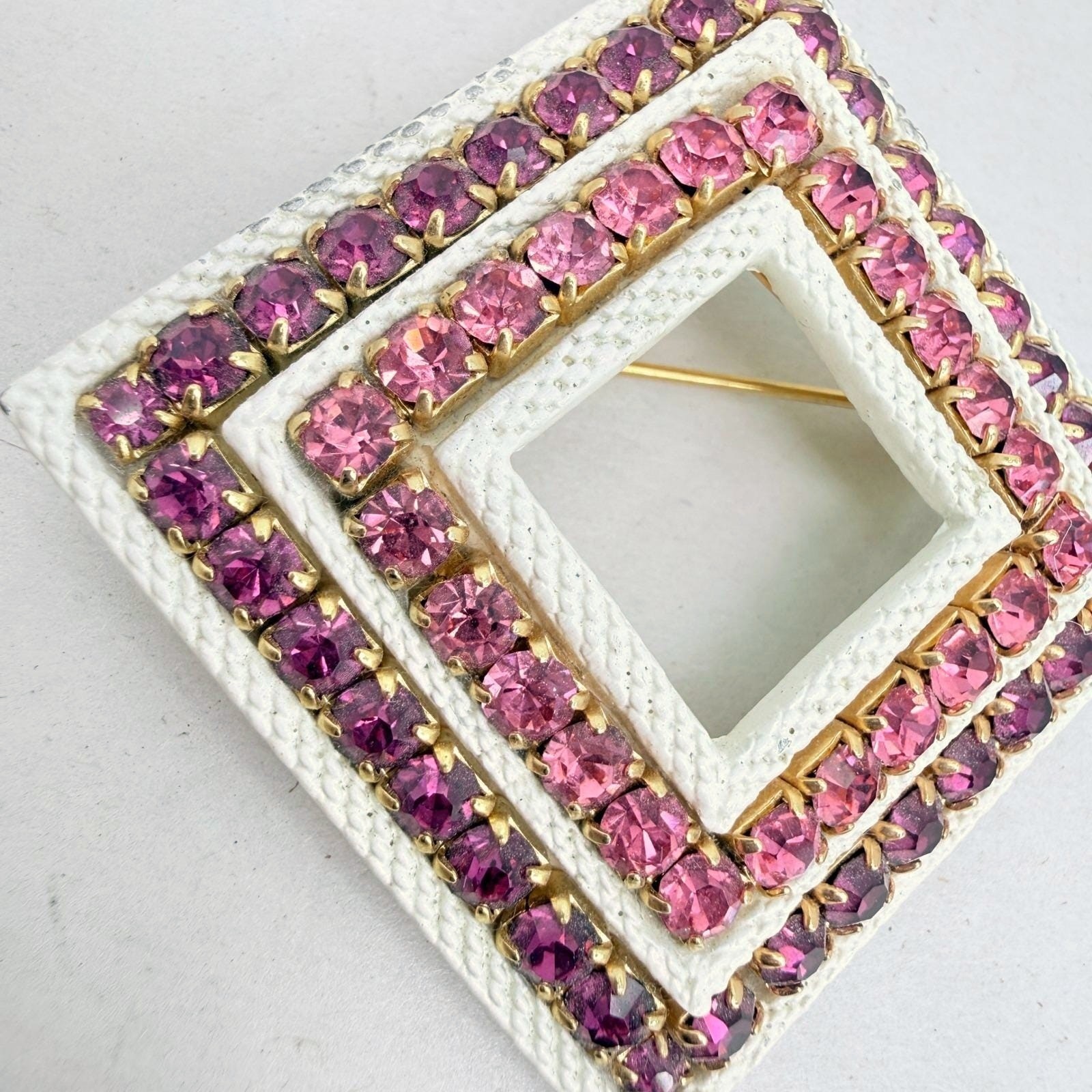 Vintage White Enamel Rhinestone Brooch Pin Geometric Square Pink Purple HEAVY