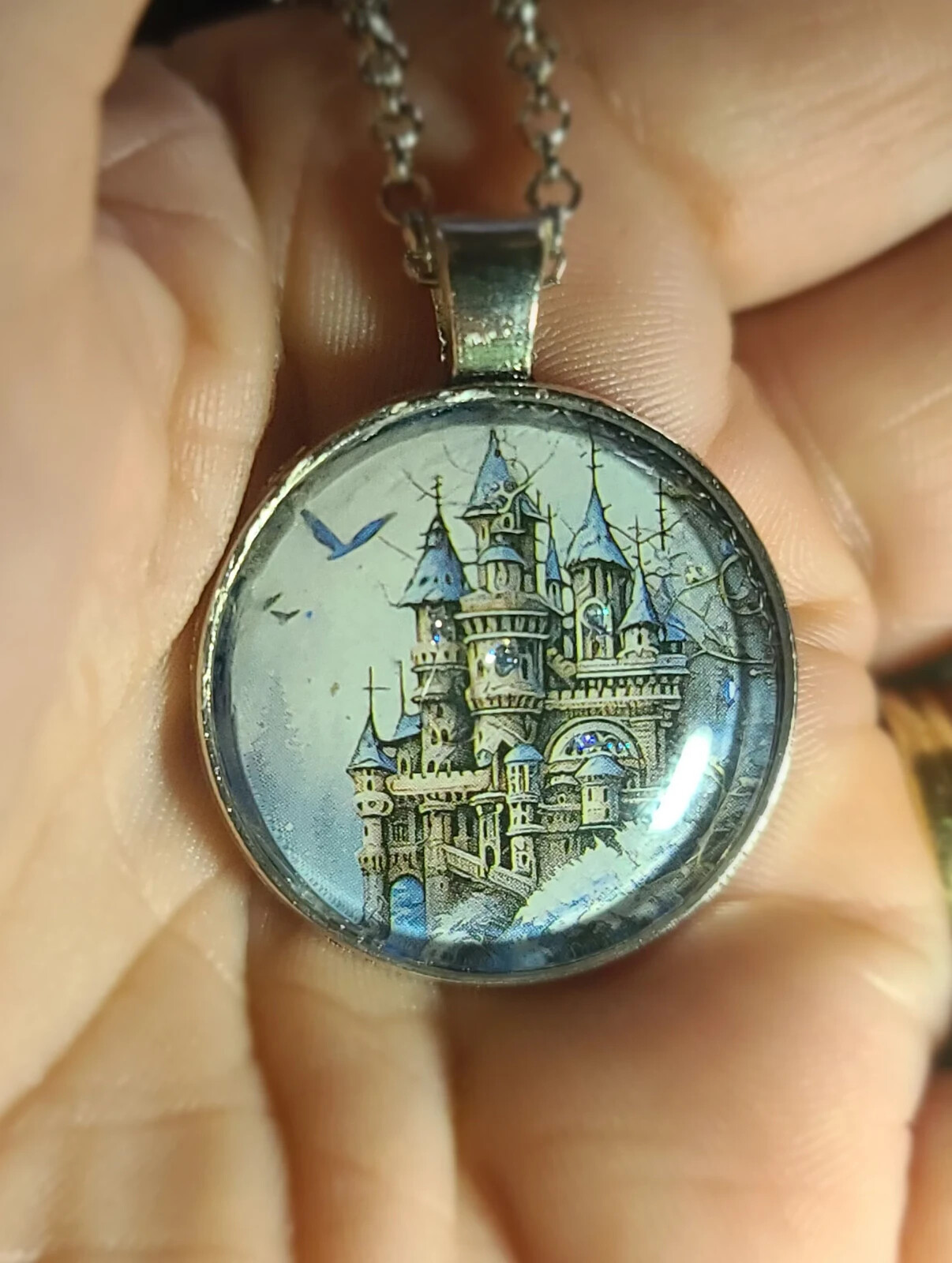 CASTLE Fantasy Scene Pendant UNIQUE Jewelry Necklace Whimsical Birds