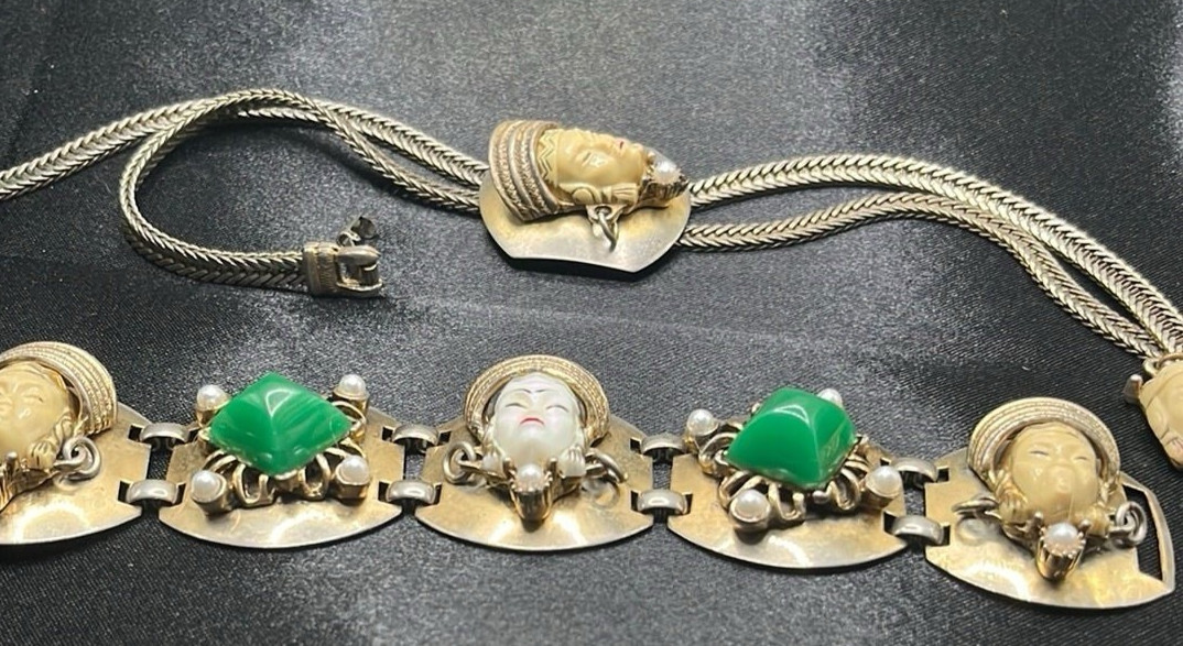 Vintage Sculpted Face Pendant Necklace & Green Stone Bracelet Set