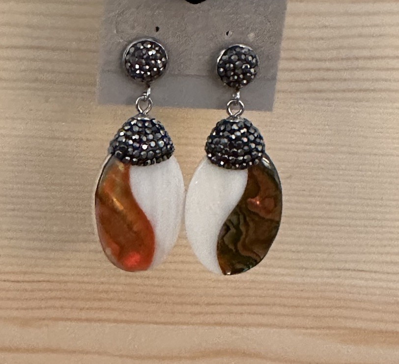 Fashion Earrings Black Pave Rhinestone Oval Amber Brown White Acrylic Boho Chic