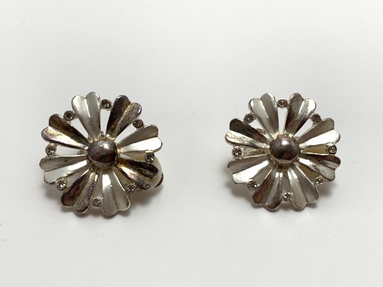 Vintage Silver Tone with White Stone Floral Brooch with Matching Clip Earrings
