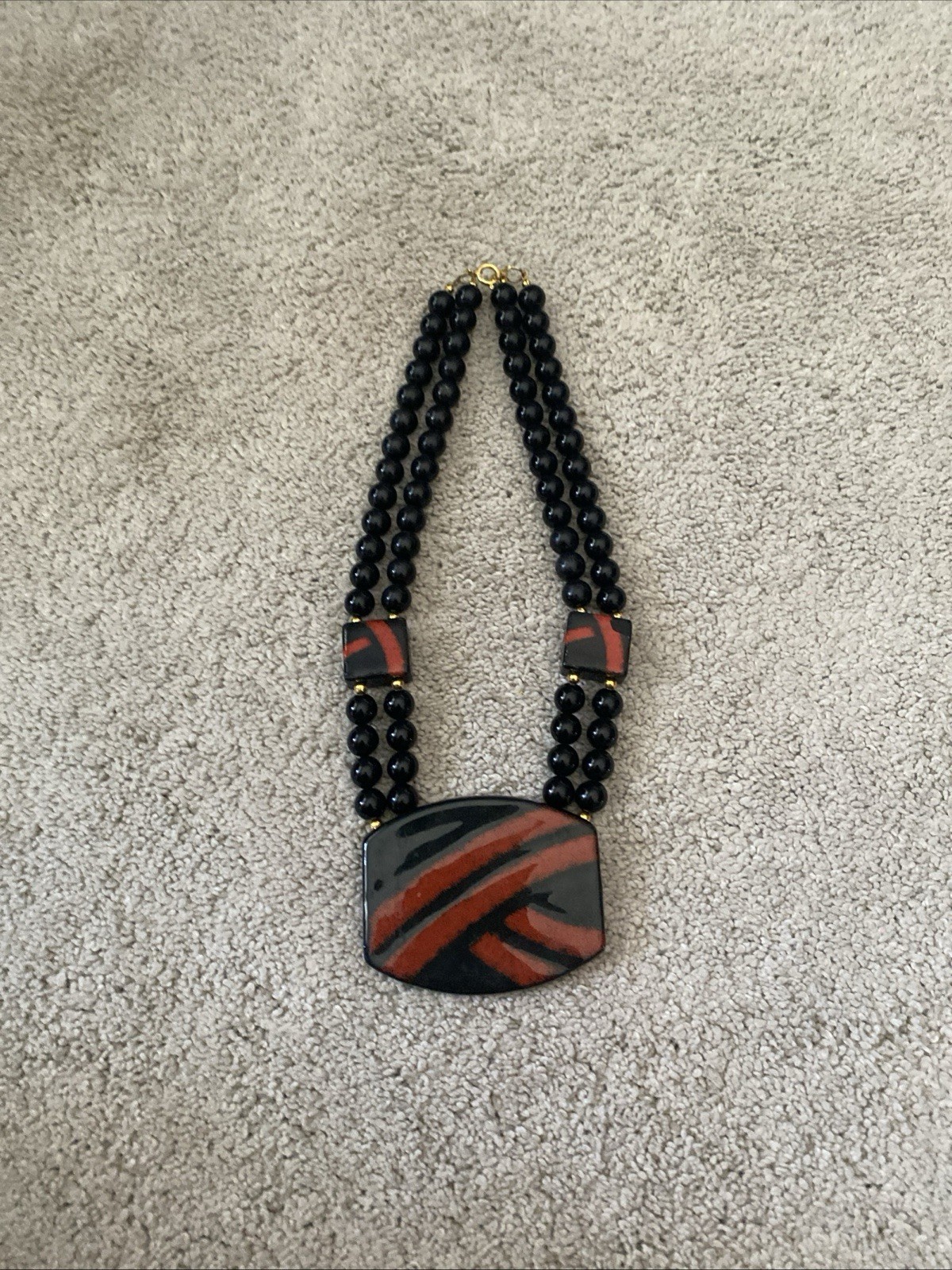 VTG Japan Beaded Statement Necklace Red Black Ceramic Pendant