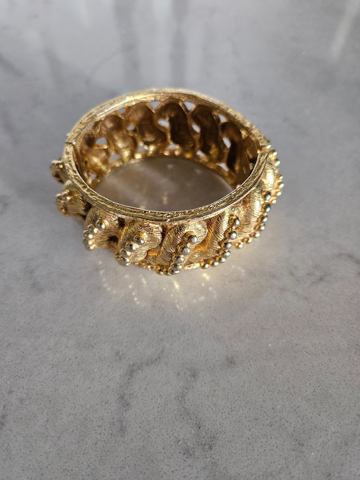 RARE AND VINTAGE KENNETH LANE GOLD BEADED SWIRLS HINGED CUFF BRACELET