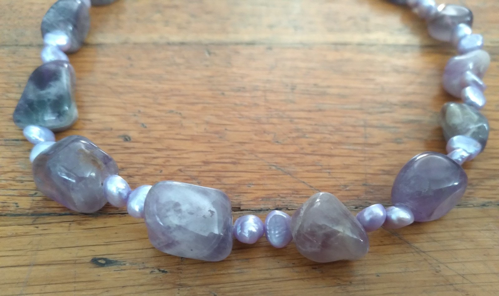 Amethyst & Pearl Necklace 14 Inches Silver Clasp Vintage Natural Stone