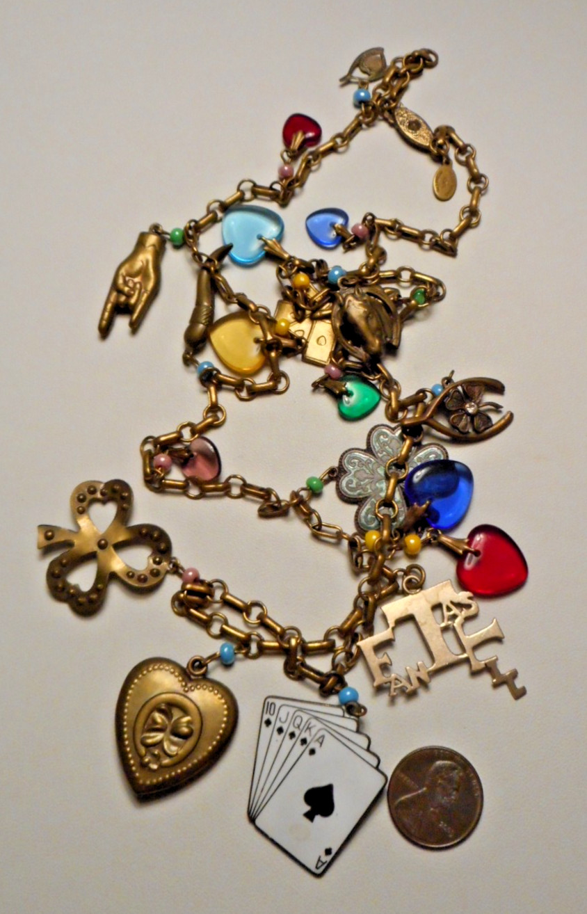 Vintage Glass Works Studio Brass Chain Necklace w 19 assorted Charms 30″ L