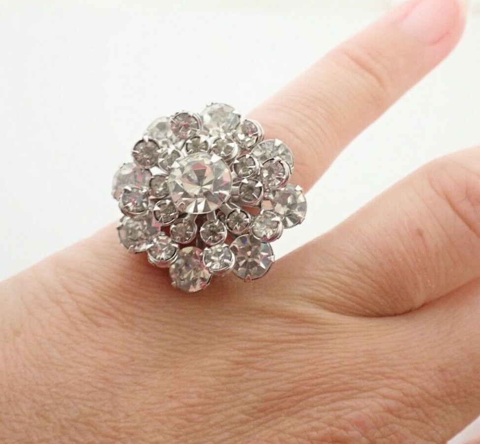 Vintage Sterling Silver Prong Set Rhinestone Cluster Ring Sz 6