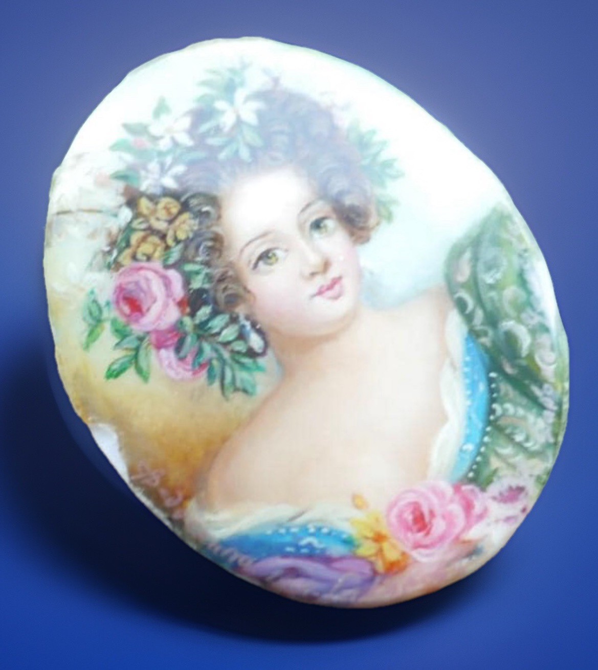 Vintage Gorgeous Hand Painted Lady Portrait on Mother of Pearl Signed Brooch