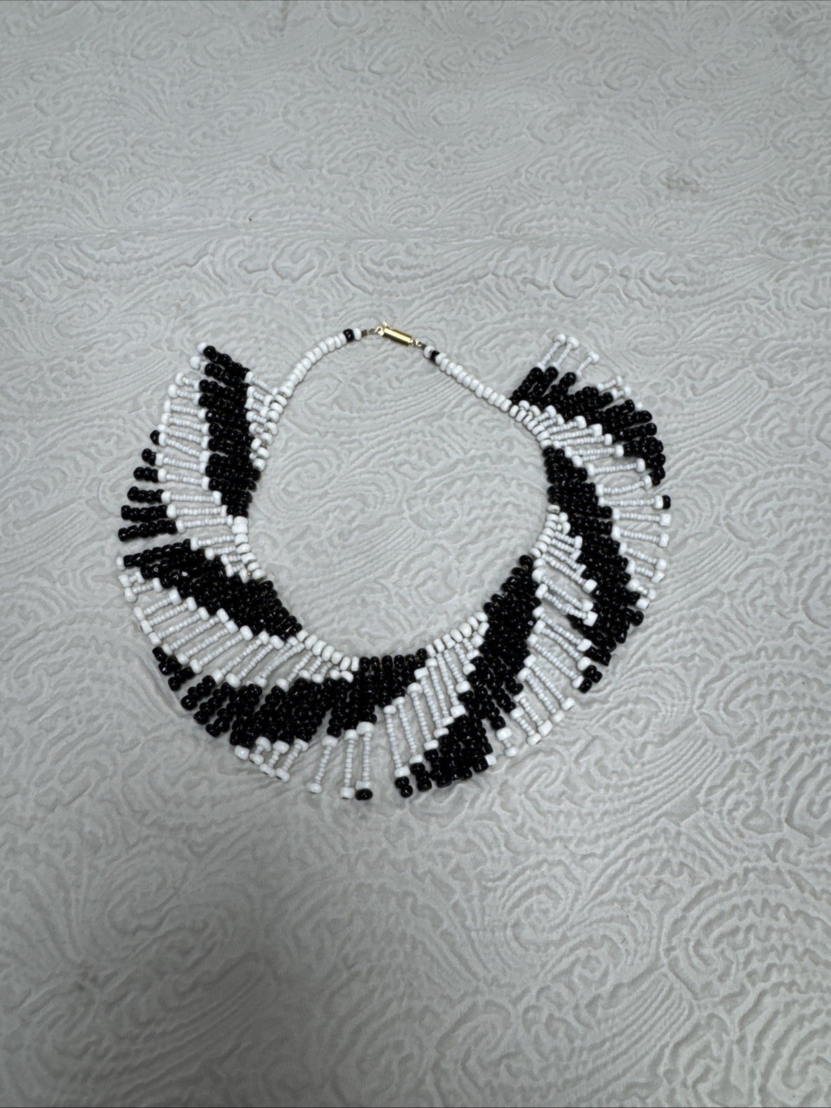 Vintage Monochrome Black & White Beaded Collar Necklace Bib Fringe Statement 16”