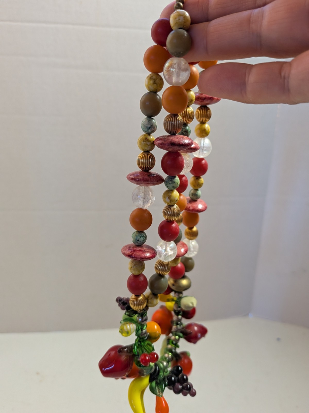 Vtg Fruit Salad Art Glass Fruit Dangle Charm Style Necklace Bananas Apple Grapes