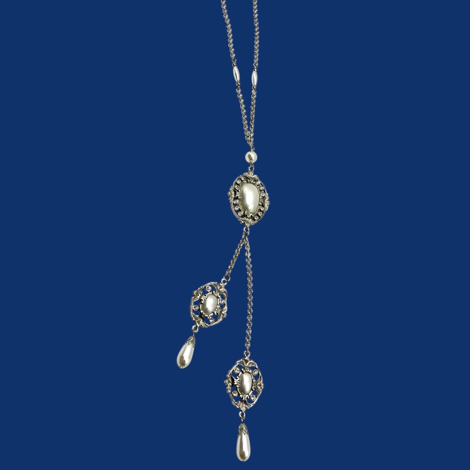 Vintage Y Drop Necklace Imitation Pearl Cabochon Dangle Charm Victorian Style