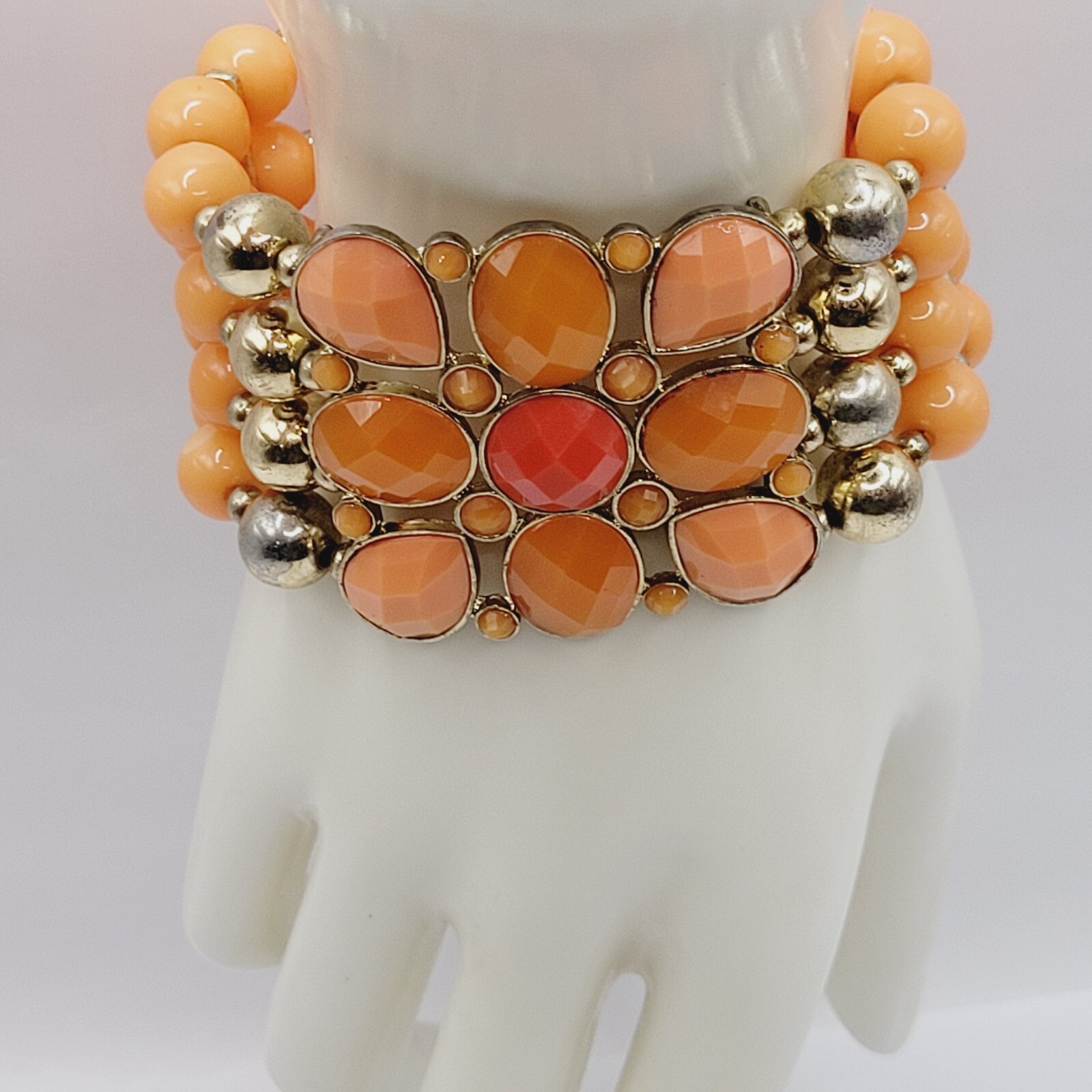 Orange Sherbet Melon Shade Wide Chunky Stretch Beaded Bangle Vintage Bracelet
